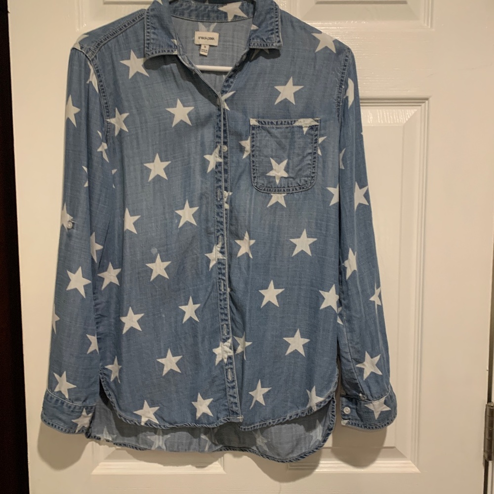 long sleeve button down denim shirt with stars